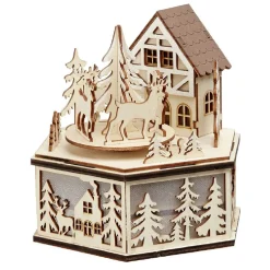 Boîte à musique village de Noël en bois H15cm-Gifi