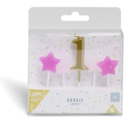 Bougie anniversaire chiffre 1 doré avec bougies étoiles roses-Gifi Outlet