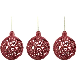 Boule de Noël ajourée motif arabesque pailleté rouge Ø8 cm x3-Gifi Online