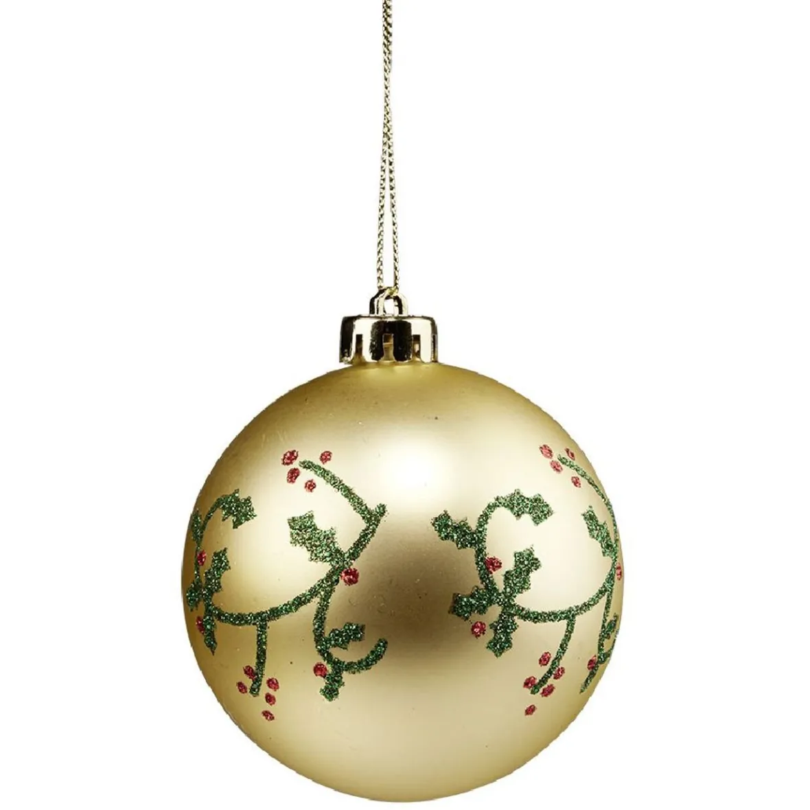 Boule de Noël dorée motif houx vert et rouge pailleté Ø8cm-Gifi Discount