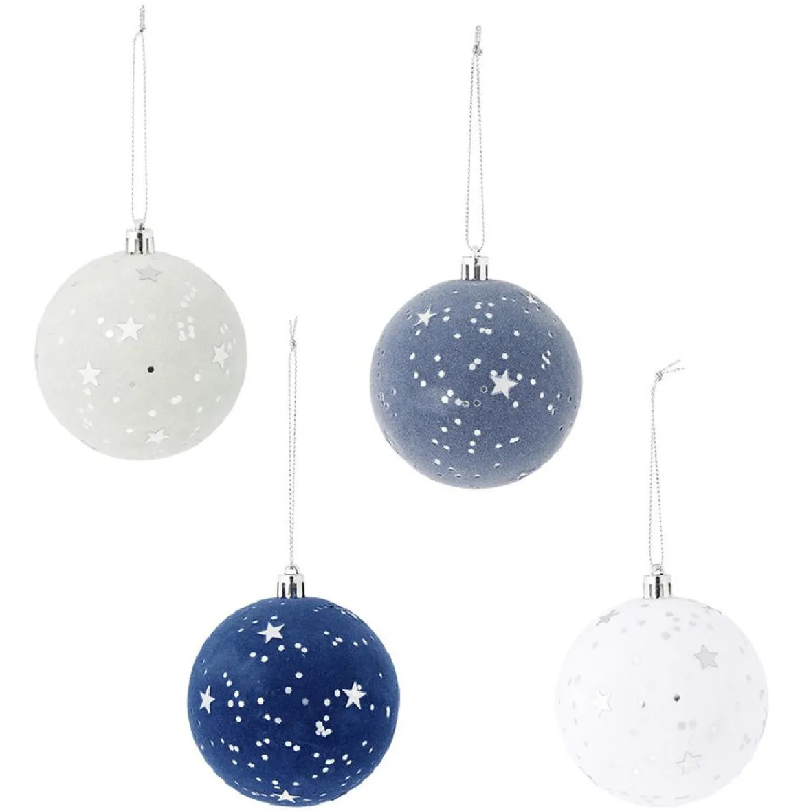 Boule de Noël effet velours motif étoile bleu et blanc Ø8cm x4-Gifi Discount