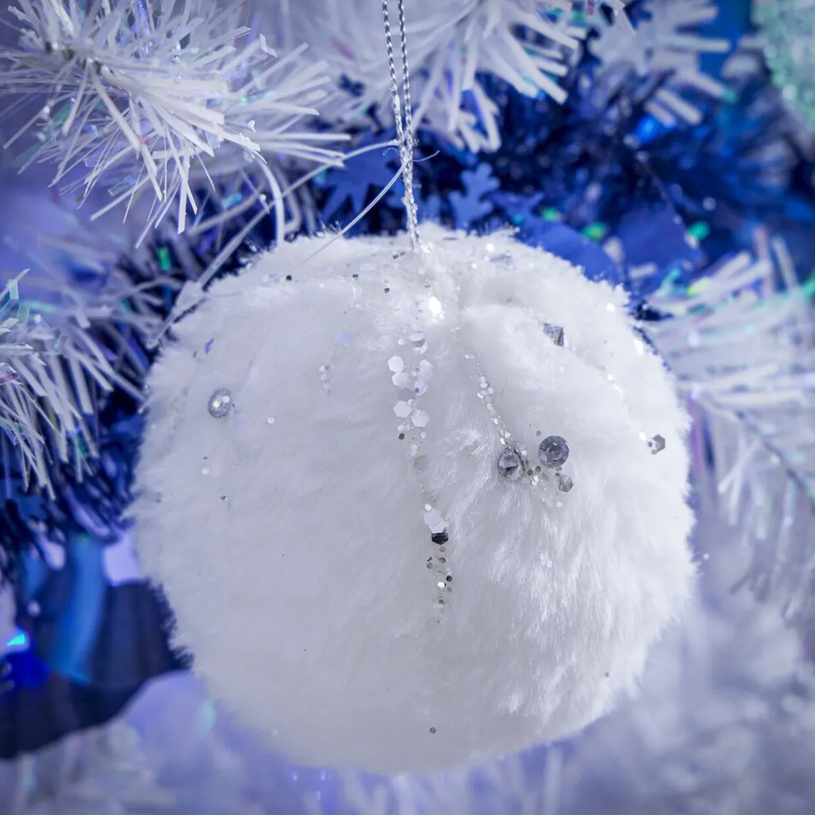 Boule de Noël fausse fourrure blanche pailletée Ø8 cm-Gifi Online