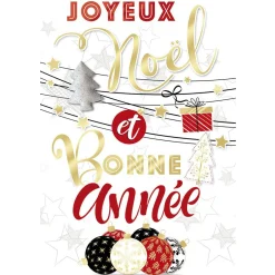 Carte Joyeux Noël et Bonne année motif guirlande boule blanc et rouge-Gifi Best
