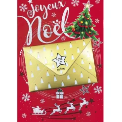 Carte Joyeux Noël porte billet motif traineau sapin rouge et doré-Gifi New