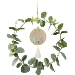 Couronne de Noël feuillage eucalyptus avec suspension bois et pompon Ø25cm-Gifi Discount