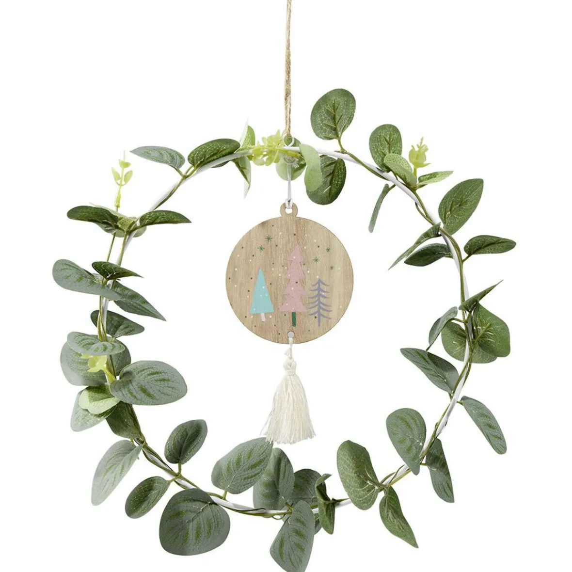 Couronne de Noël feuillage eucalyptus avec suspension bois et pompon Ø25cm-Gifi Discount