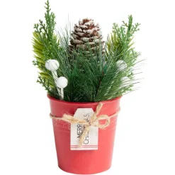 Décoration branche de pin dans pot rouge Ø8xH10cm-Gifi Discount