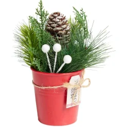 Décoration branche de pin dans pot rouge Ø8xH10cm-Gifi Discount