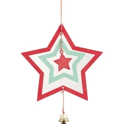 Décoration de Noël bois 3D forme étoile rouge et verte avec clochette-Gifi Online