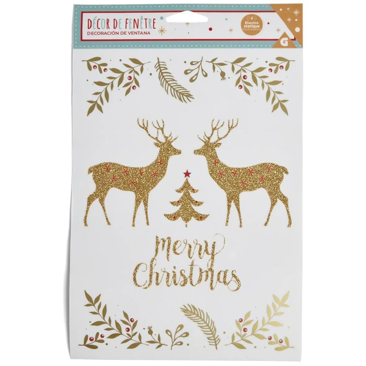 Décoration fenêtre Noël électrostatique cerf Merry Christmas doré-Gifi