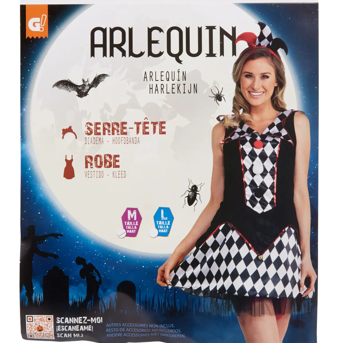 Déguisement adulte femme arlequin avec serre-tête Taille M-Gifi Outlet