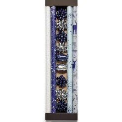 Ensemble papier cadeau Noël 2m x4 avec noeud x7 ruban x3 argenté bleu-Gifi