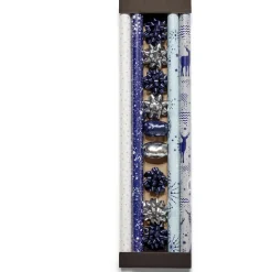 Ensemble papier cadeau Noël 2m x4 avec noeud x7 ruban x3 argenté bleu-Gifi
