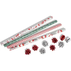 Ensemble papier cadeau Noël 2m x4 avec noeud x7 ruban x2 argenté et rouge-Gifi Clearance
