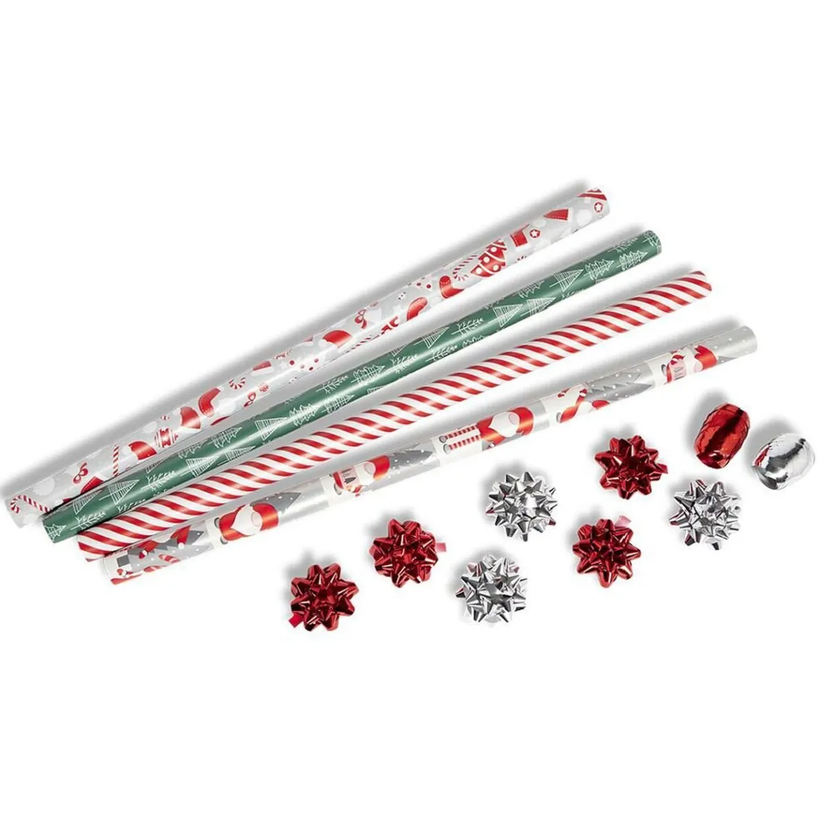 Ensemble papier cadeau Noël 2m x4 avec noeud x7 ruban x2 argenté et rouge-Gifi Clearance