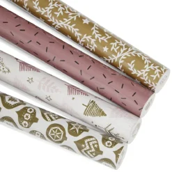 Ensemble papier cadeau Noël 2m x4 avec noeud x7 ruban x3 doré et blanc-Gifi Outlet