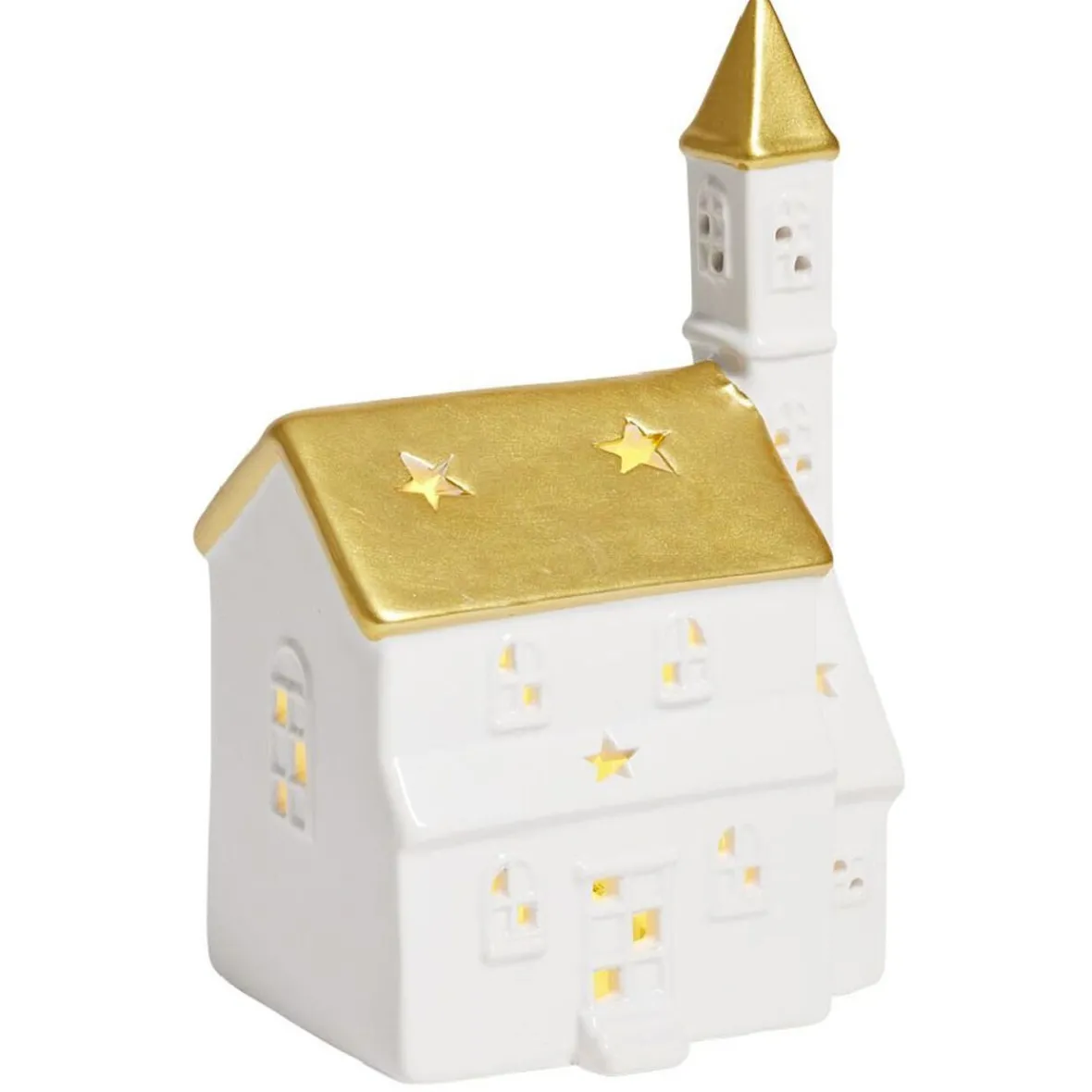 Église lumineuse déco Noël 1LED céramique blanc et doré H19cm-Gifi Hot