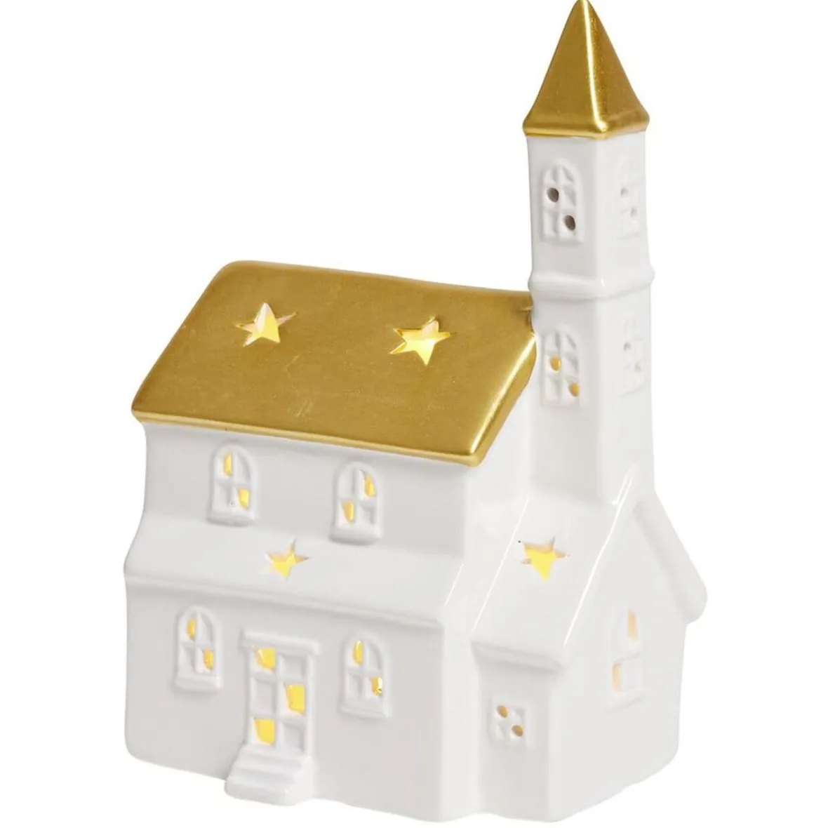 Église lumineuse déco Noël 1LED céramique blanc et doré H19cm-Gifi Hot