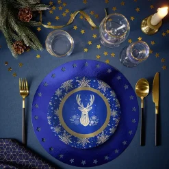 Lot de 10 assiettes jetables en carton bleu motif cerf doré-Gifi Outlet