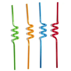 Lot de 4 pailles réutilisables spirale plastique bleu/vert/rouge/orange-Gifi New
