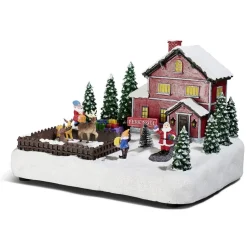Maison du Père Noël lumineuse avec lutin et renne 13 LED en résine-Gifi