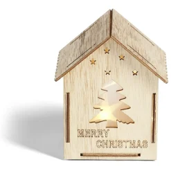 Maison lumineuse Noël en bois motif sapin 5LED blanc chaud H10,5cm-Gifi Discount