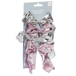 Noeud de Noël ruban argenté rose et gris x4-Gifi Discount