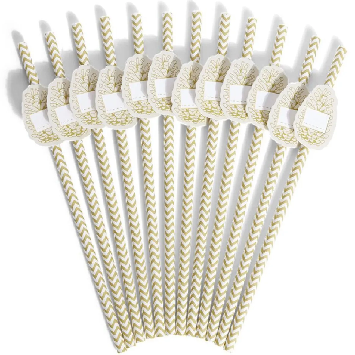 Paille personnalisable étiquette pomme de pin blanc et camel x12-Gifi
