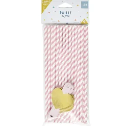 Paille rose et étiquette coeur en papier x 24-Gifi Sale