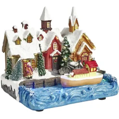 Port lumineux avec bâteau fleuve et habitations Village de Noël-Gifi Discount