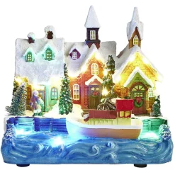 Port lumineux avec bâteau fleuve et habitations Village de Noël-Gifi Discount