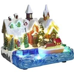 Port lumineux avec bâteau fleuve et habitations Village de Noël-Gifi Discount