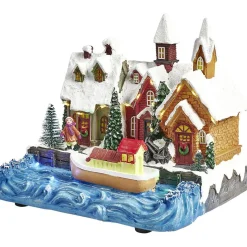 Port lumineux avec bâteau fleuve et habitations Village de Noël-Gifi Discount