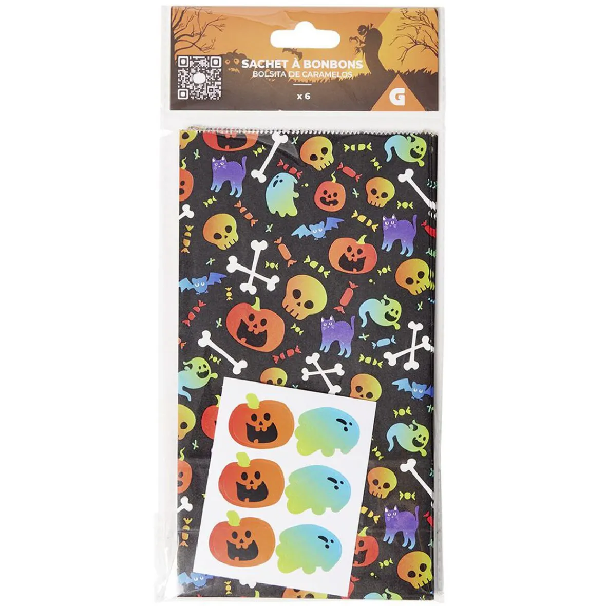 Sac à bonbons Halloween x6 avec sticker-Gifi Discount