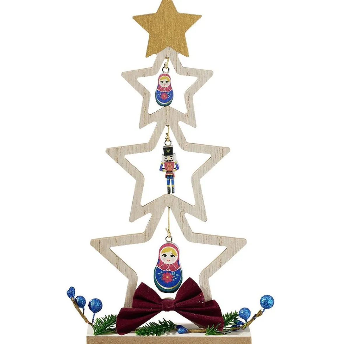 Sapin à poser en bois décor étoile, casse noisette et matriochka H26 cm-Gifi Online