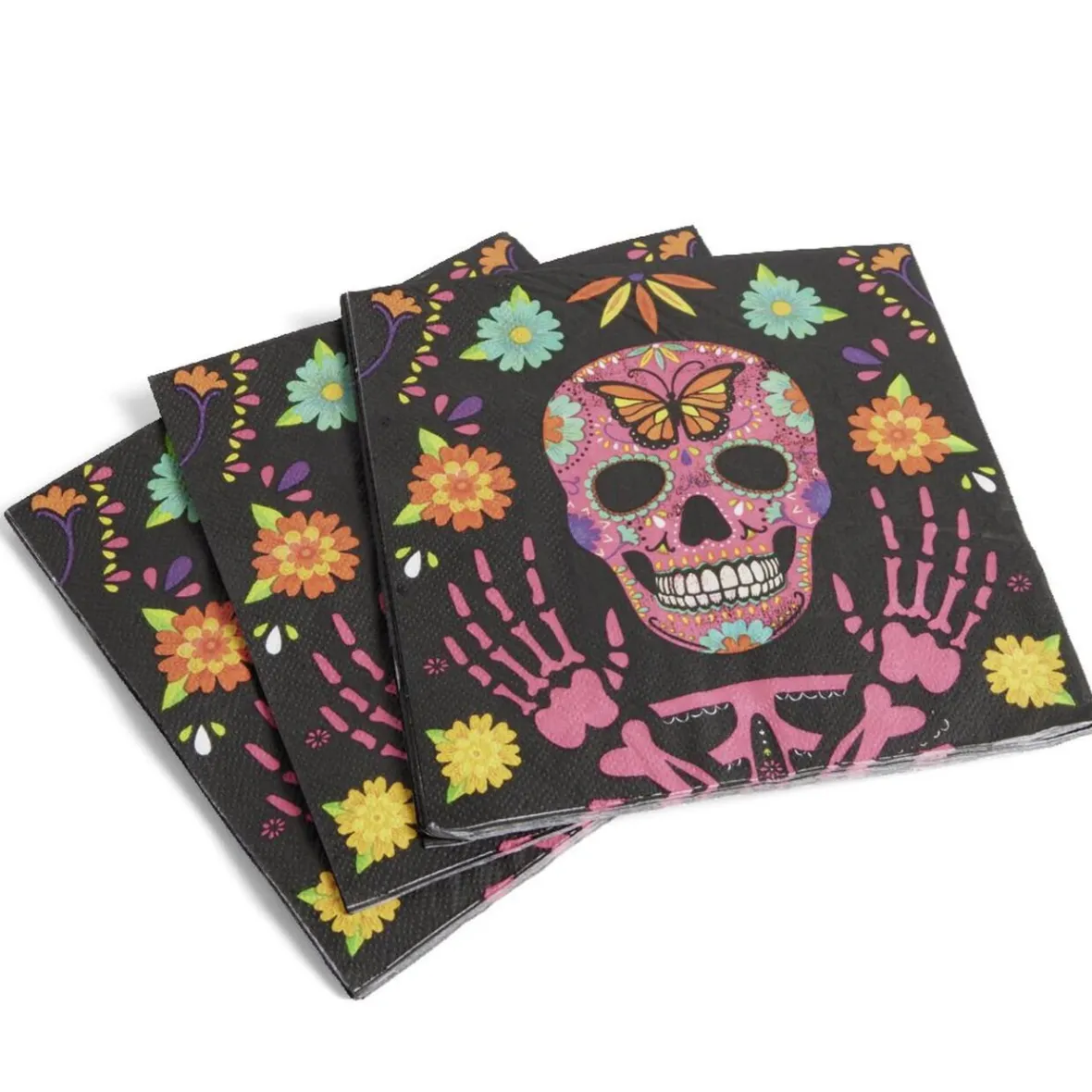 Serviette de table Halloween tête de mort mexicaine noir et multicolore x16-Gifi Sale