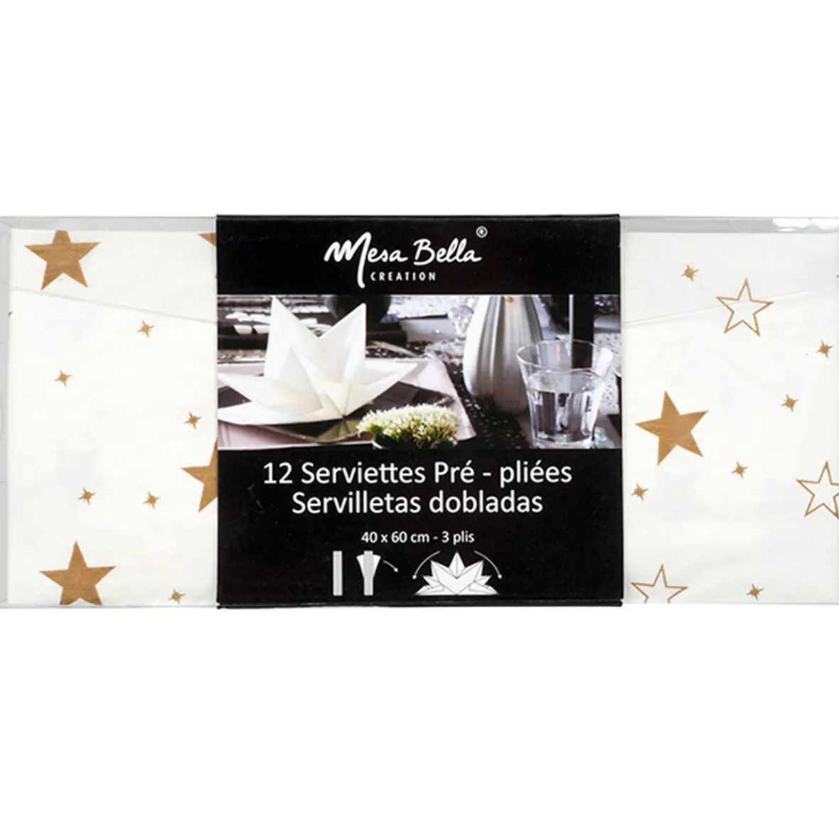 Serviette jetable pré pliée blanche étoiles dorées x12-Gifi New