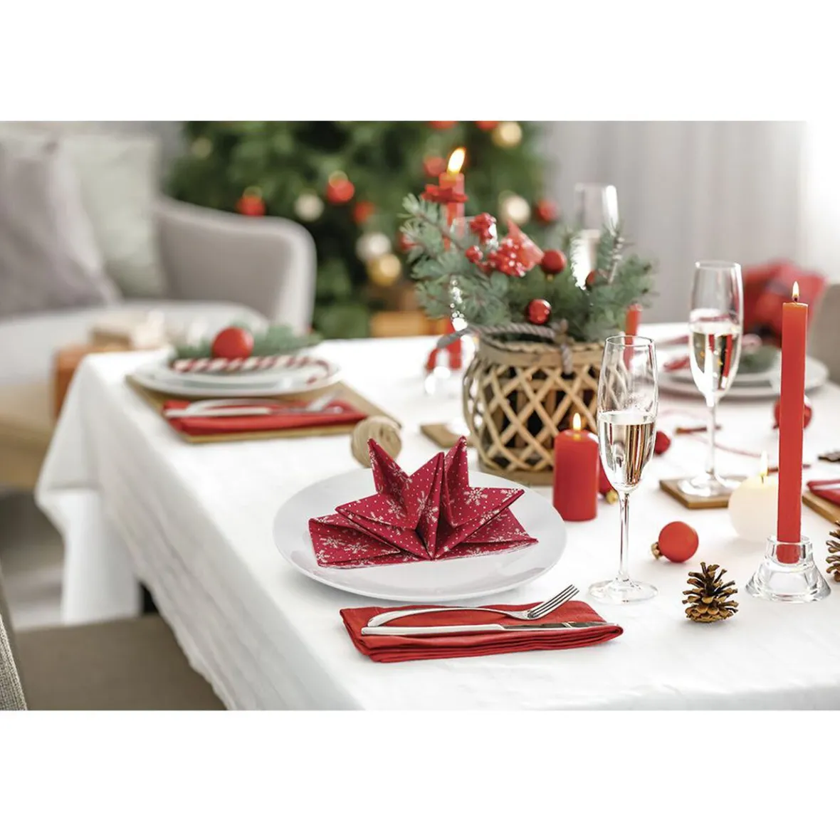 Serviette origami en papier rouge motif flocon blanc x12-Gifi Discount