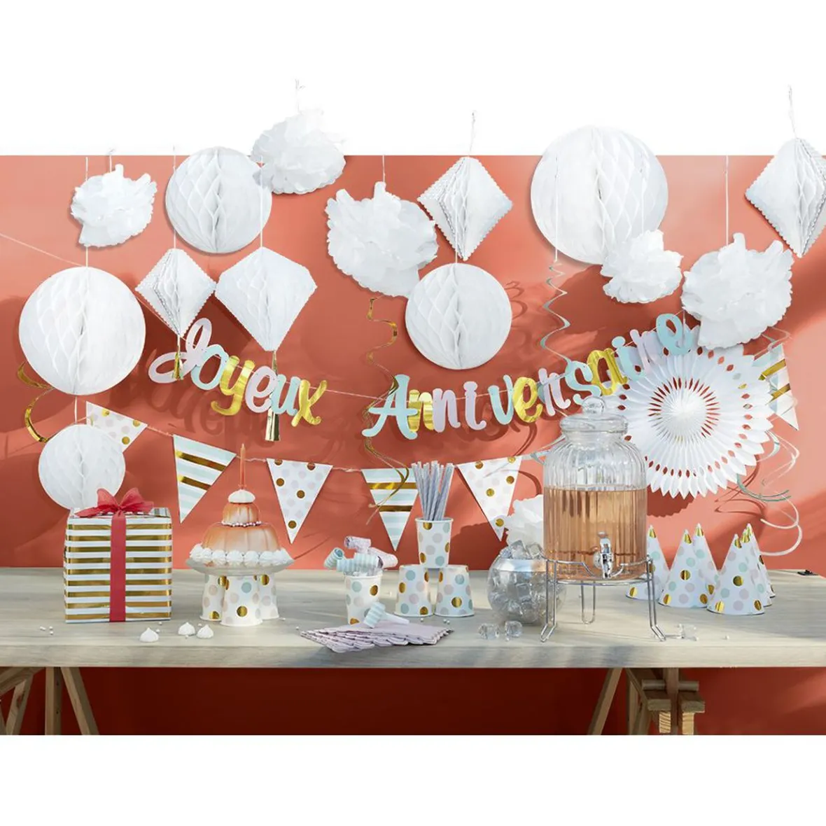 Suspension 2 boules en papier blanc et son pompon-Gifi Online