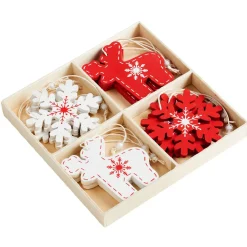 Suspension de Noël en bois forme flocon et cerf rouge blanc x12-Gifi New