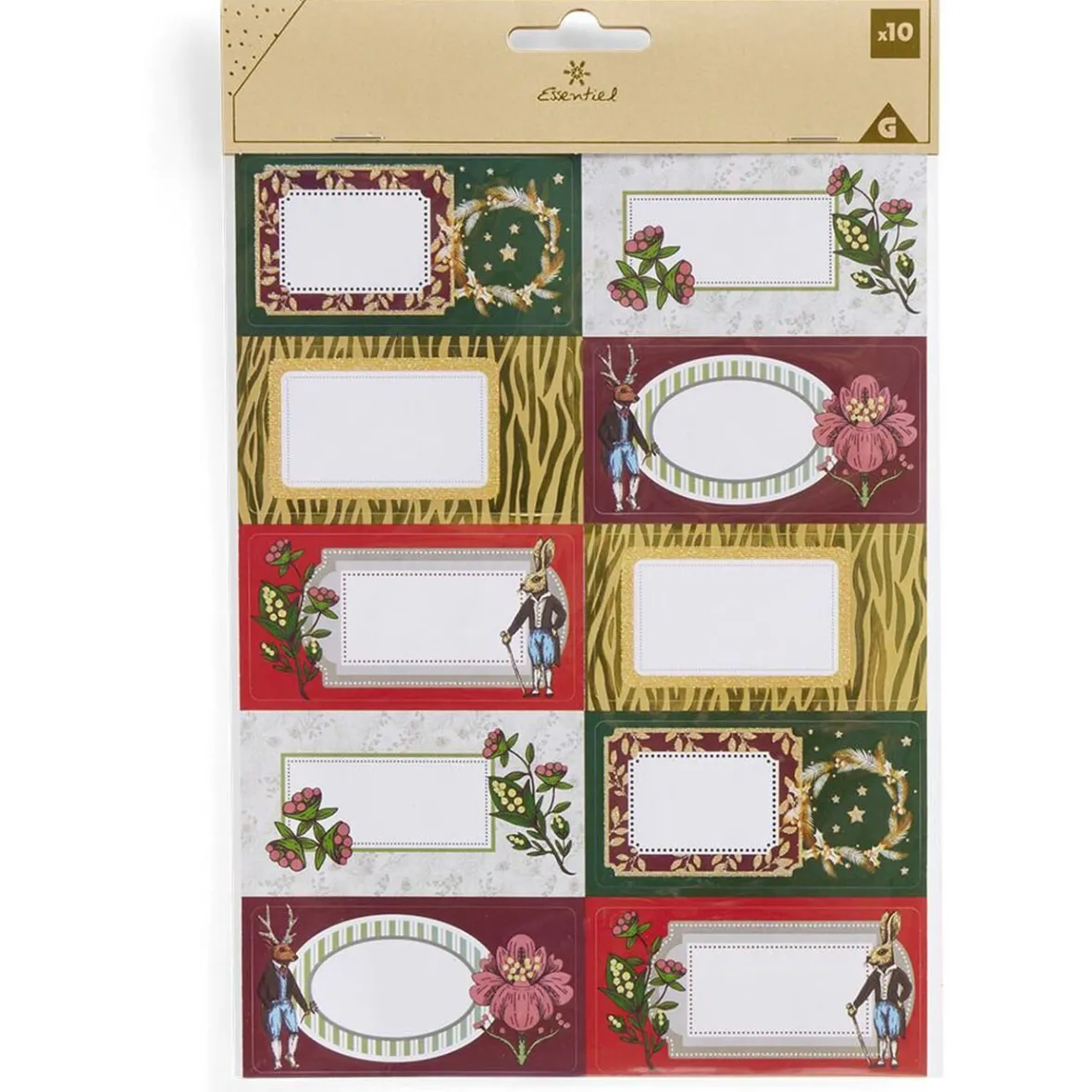 Étiquette cadeau autocollante Noël fleurs vintage lapin 4x8cm x10-Gifi Hot