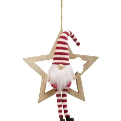 Étoile en bois à suspendre avec gnome assis rouge et blanc H.17 cm-Gifi Online
