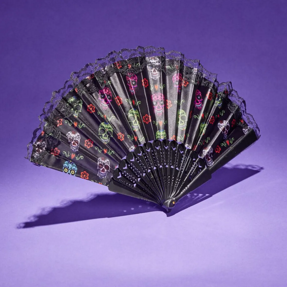 Éventail Halloween pliant tête de mort mexicaine 43x23cm-Gifi Sale