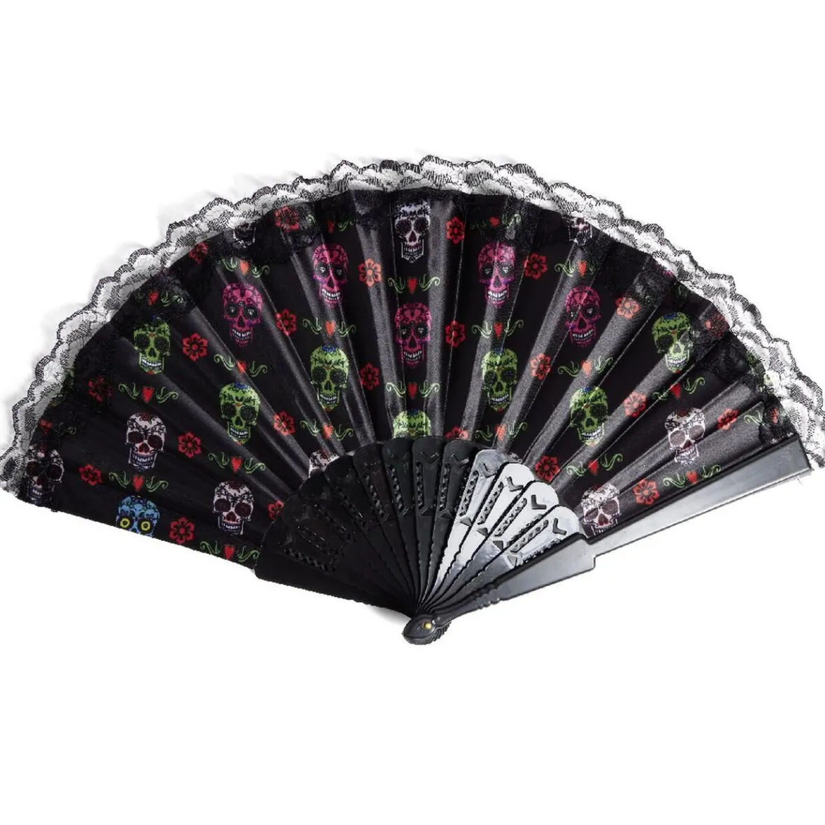 Éventail Halloween pliant tête de mort mexicaine 43x23cm-Gifi Sale