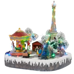 Village animé Noël lumineux musical décoTour Eiffel et carroussel-Gifi New